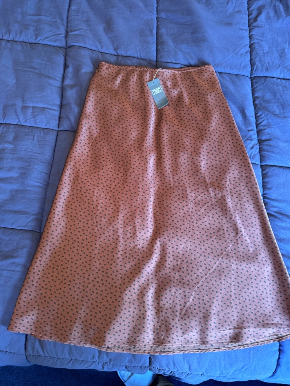 NWT | Abercrombie & Fitch Rust Brown A-Line Satin Skirt w/ Tiny Black Dot Print